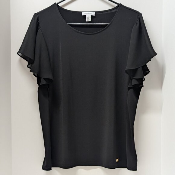Calvin Klein Flutter Sleeve Blouse in Black - Picture 1 of 12